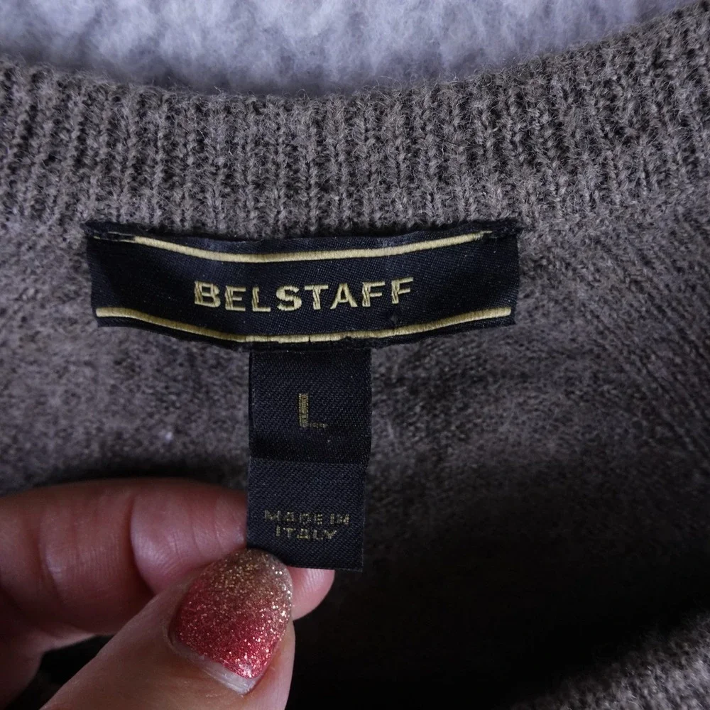 Belstaff Mens 100% Wool Crew Neck‎ Sweater Taupe Brown Made in Italy Large